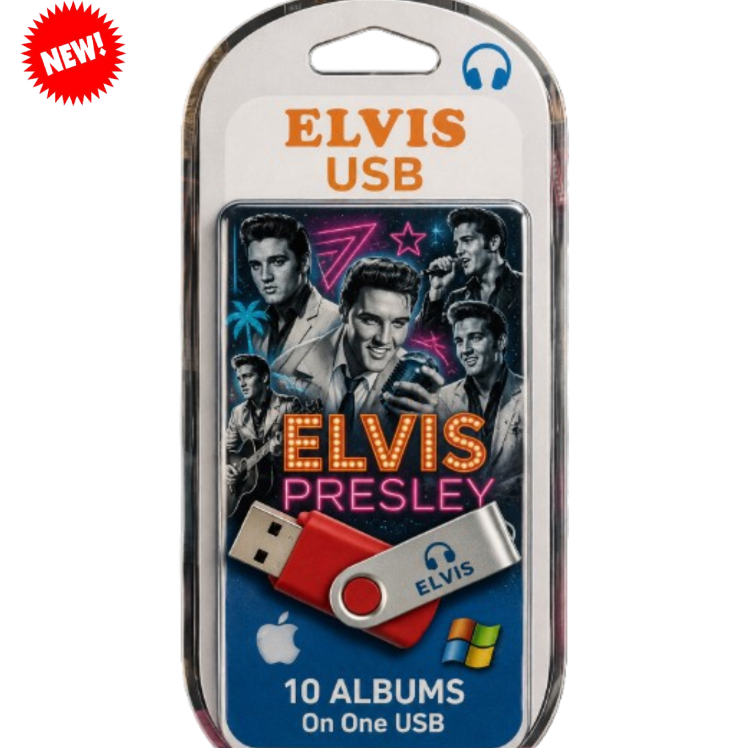 Elvis Presley themed USB flash drive in retail packaging, featuring a red and silver swivel drive with Elvis collage artwork and text reading 'ELVIS USB' and '10 ALBUMS On One USB'. A red 'NEW!' badge appears in the top-left corner.